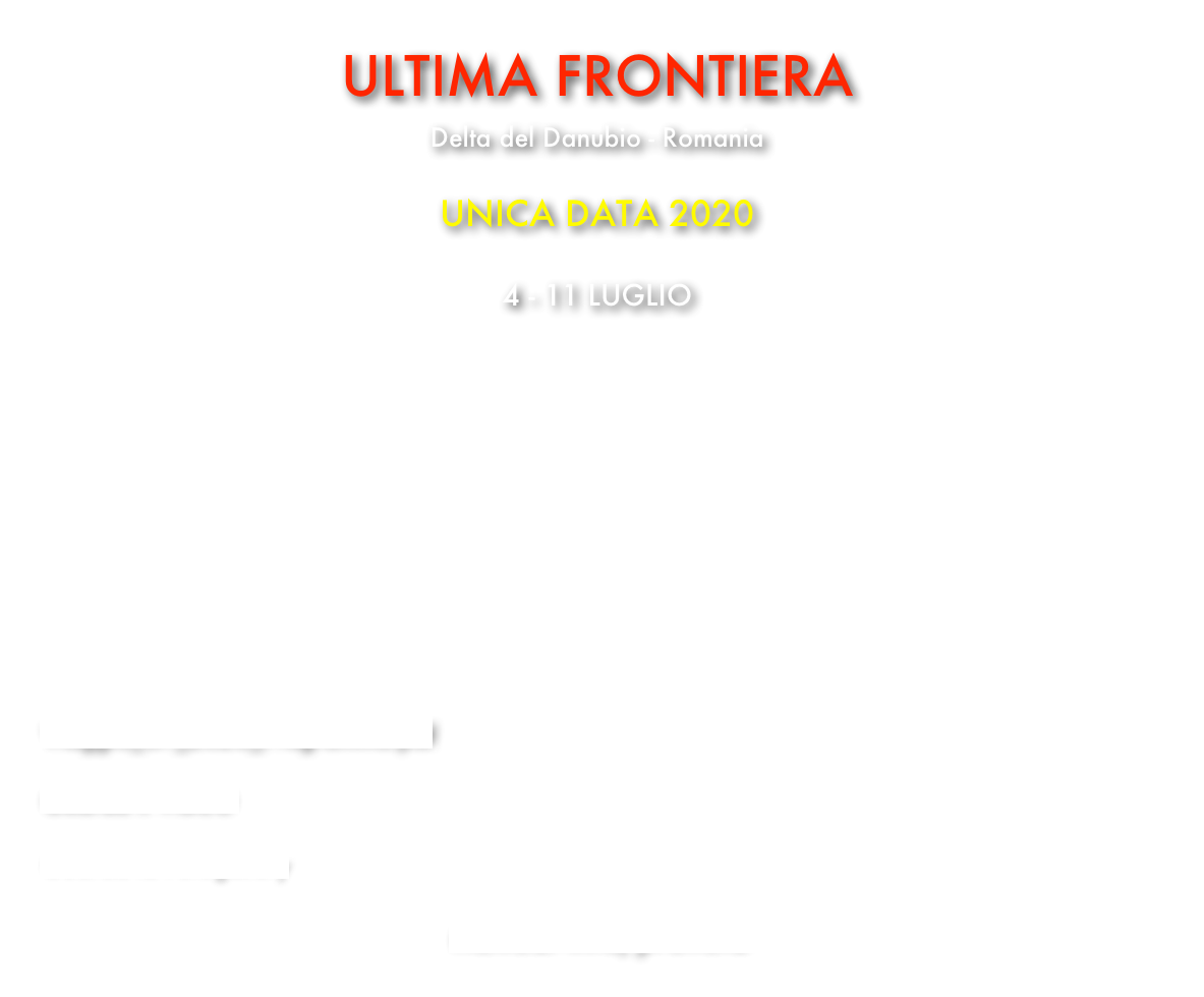 ULTIMA FRONTIERA  
                                      Delta del Danubio - Romania

UNICA DATA 2020

4 - 11 LUGLIO

In un'isola sperduta nel cuore del Delta del Danubio rumeno, al confine con l'Ucraina, Ultima Frontiera è probabilmente l'unico luogo in Europa dove in una settimana, tra uccelli e mammiferi, potete fotografare decine e decine di specie selvatiche, alternando fotografia da capanni dedicati (la maggior parte senza vetri) con escursioni via terra, in piena autonomia con veicoli fuoristrada elettrici per la caccia vagante, oppure accompagnati in Land Rover o ancora via acqua con esplorazione in barca attrezzata di canali e laghi interni, fino al gran finale sul Mar Nero in mezzo a colonie di migliaia di uccelli marini, compreso il raro gabbiano del Pallas. Una tenuta privata di 1.000 ettari, con al centro un lodge dotato di ogni comfort, gestita come sempre al massimo livello da Skua Nature, network di livello mondiale specializzato in vacanze fotonaturalistiche in ogni angolo della terra, e accompagnati dal sottoscritto che ne conosce ogni segreto. 
La forte richiesta e la limitata capacità ricettiva (due soli gruppi di max 7 persone a settimana) , fa sì che le date vadano prenotate da un anno all'altro con largo anticipo. Anche per il 2020 abbiamo ottenuto una  settimana in alta stagione, nel periodo di massimo picco di concentrazione di quantità e varietà di specie. 

Viaggio_UF_2020_Programma.pdf

Guarda il VIDEO 

Guarda la Fotogallery 

richiedi info/prenota 

